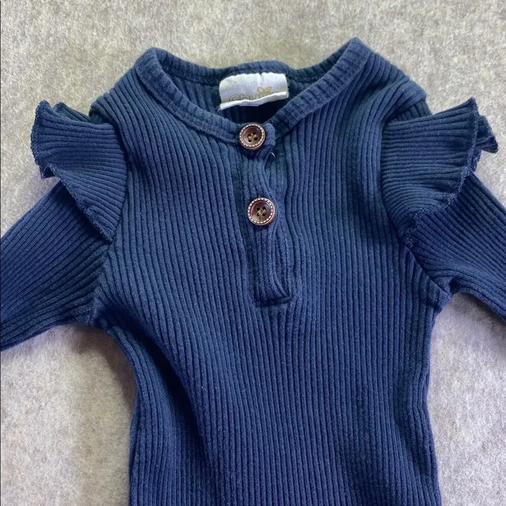 Chuya Navy Blue 100% Cotton Kids One Piece with Ruffle Sleeve Details Size 80